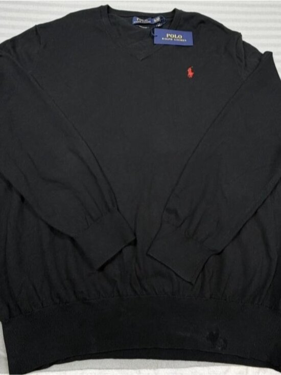 Polo Ralph Lauren Sweater Mens Extra Large Black Pima Cotton V Neck Red Pony - Picture 1 of 8